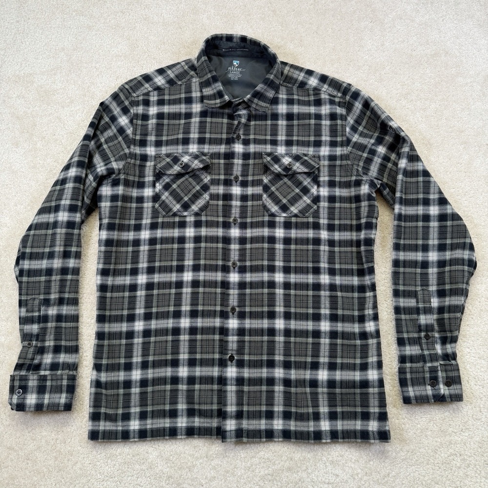 Kuhl Dillingr Flannel Shirt Mens L Gray Plaid Button Front Long Sleeve 7186